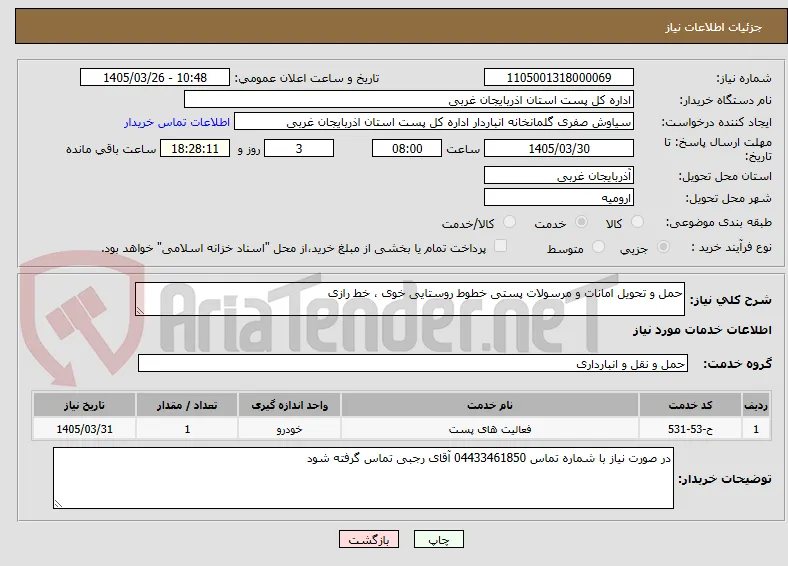 حمل و تحویل امانات و مرسولات پستی خطوط روستایی خوی ، خط رازی