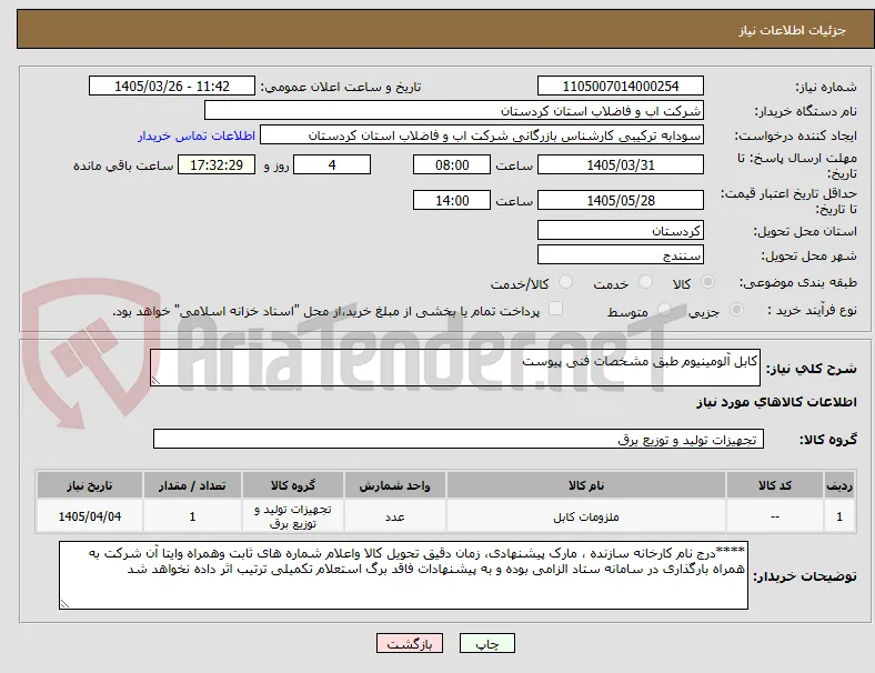 کابل آلومینیوم طبق مشخصات فنی پیوست 