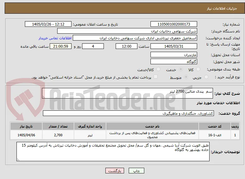 سم  پندی متالین 2700 لیتر 