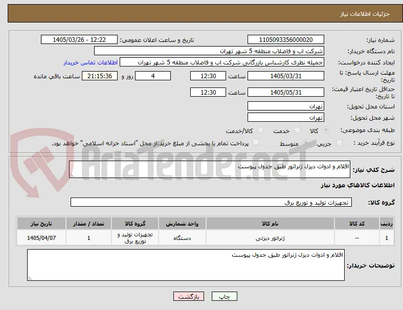 اقلام و ادوات دیزل ژنراتور طبق جدول پیوست