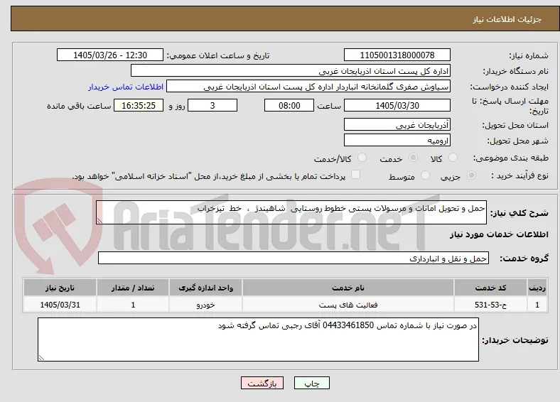 حمل و تحویل امانات و مرسولات پستی خطوط روستایی  شاهیندژ  ،  خط  تیزخراب
