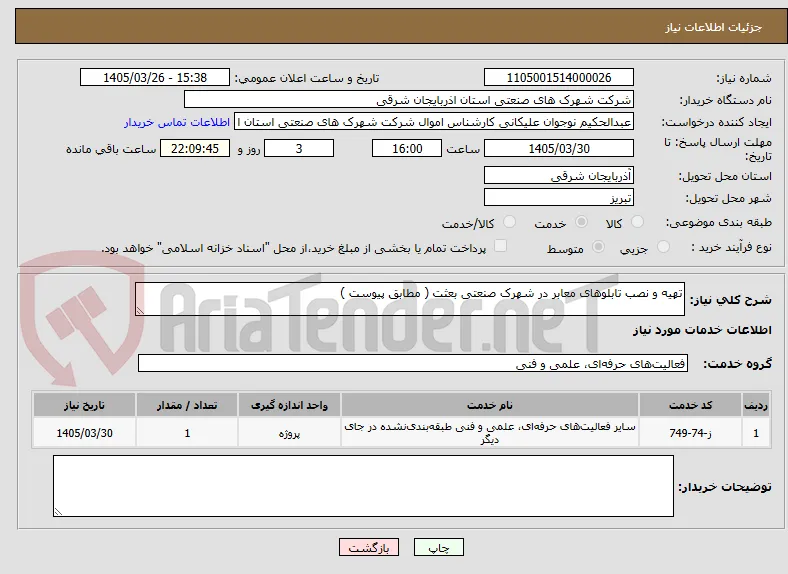 تهیه و نصب تابلوهای معابر در شهرک صنعتی بعثت ( مطابق پیوست ) 