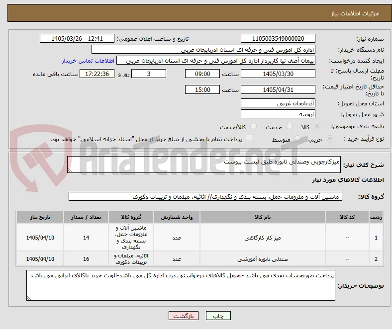 میزکارچوبی وصندلی تابوره طبق لیست پیوست 