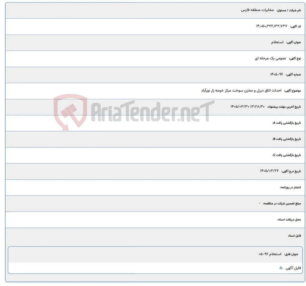 احداث اتاق دیزل و مخزن سوخت مرکز خومه زار نورآباد