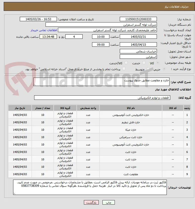 خازن و مقاومت مطابق جدول پیوست