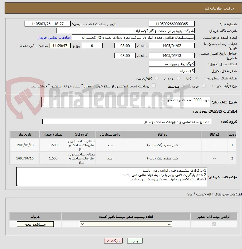 خرید 3000 عدد شیر تک ضرب آب