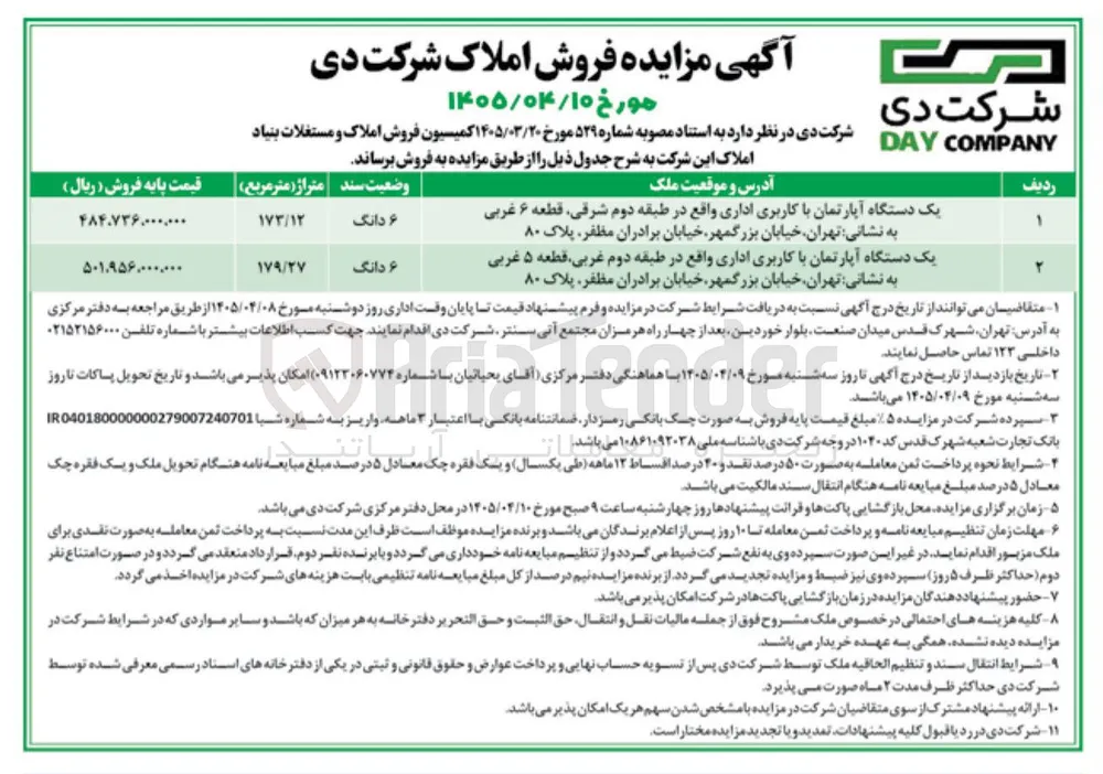 فروش املاک شرکت شامل آپارتمان با کاربری اداری در 2 ردیف