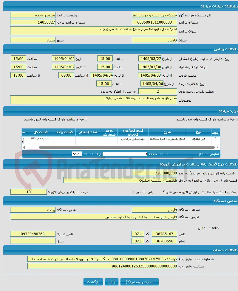 اجاره محل داروخانه مرکز جامع سلامت دشمن زیاری