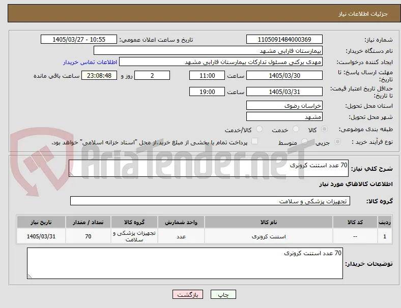 70 عدد استنت کرونری