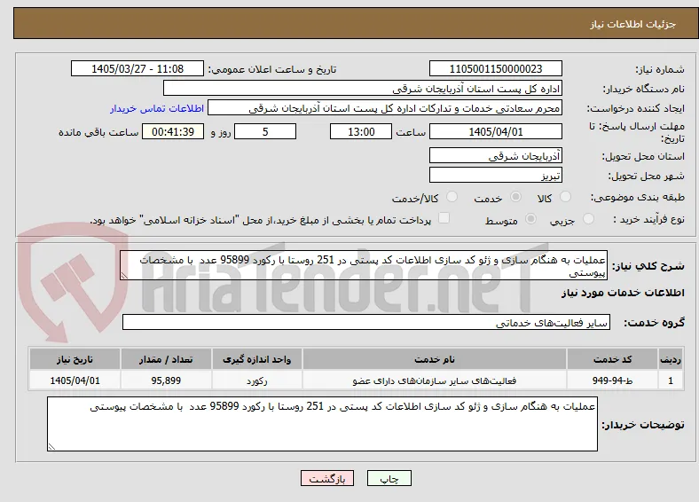 عملیات به هنگام سازی و ژئو کد سازی اطلاعات کد پستی در 251 روستا با رکورد 95899 عدد  با مشخصات پیوستی