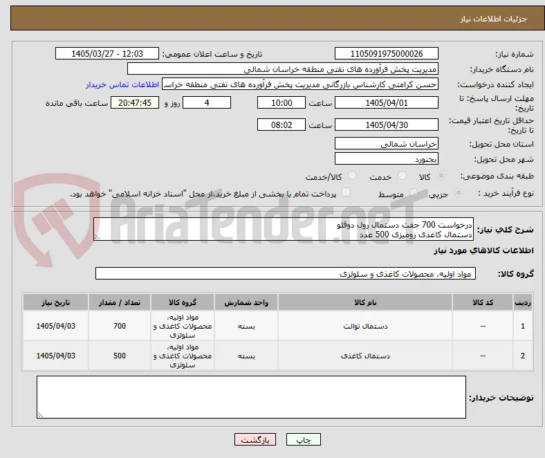 درخواست 700 جفت دستمال رول دوقلو
دستمال کاغذی رومیزی 500 عدد