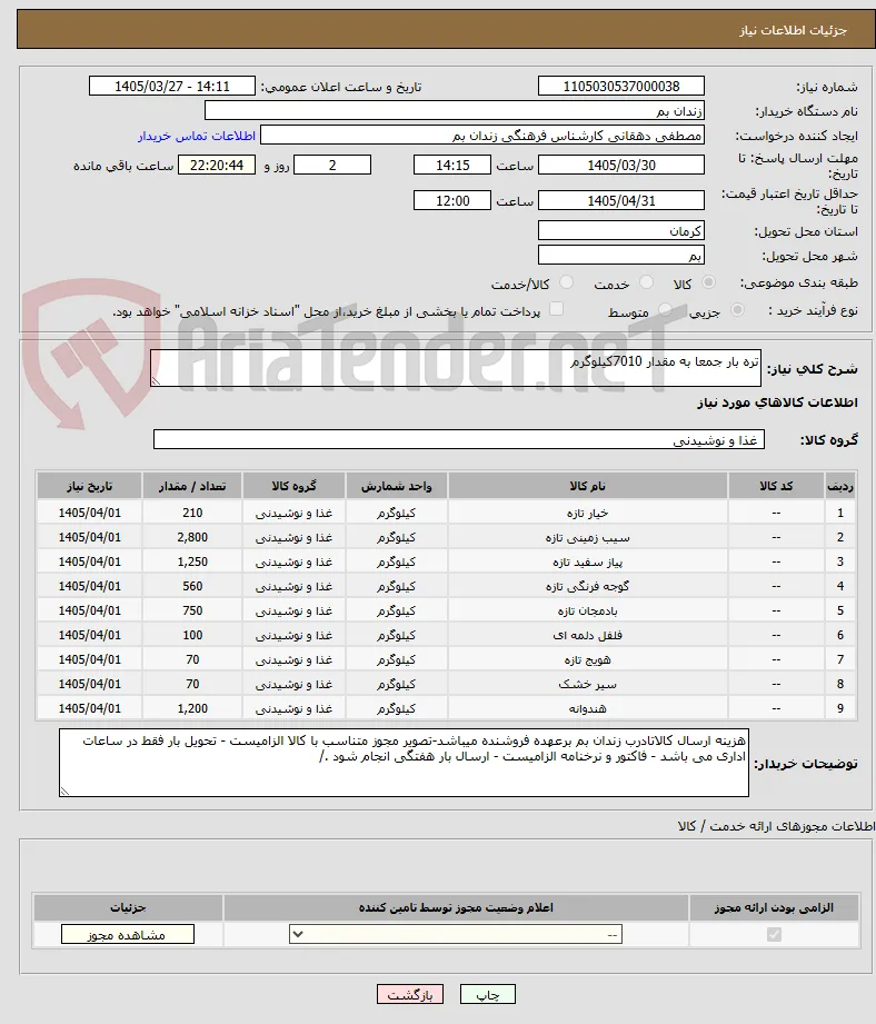 تره بار جمعا به مقدار 7010کیلوگرم 