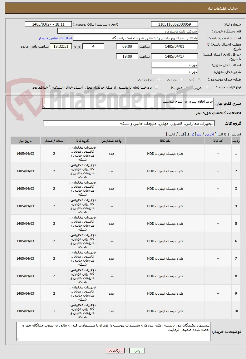 خرید اقلام سرور به شرح پیوست 