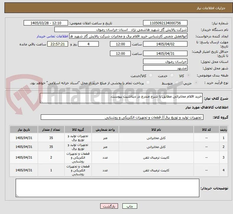 خرید اقلام مخابراتی مطابق با شرح مندرج در دیتاشیت پیوست.