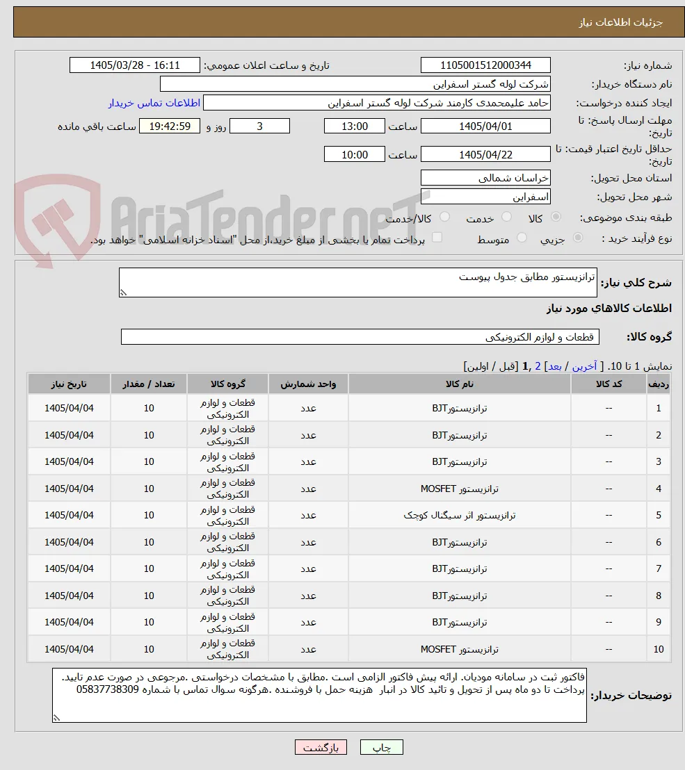 ترانزیستور مطابق جدول پیوست