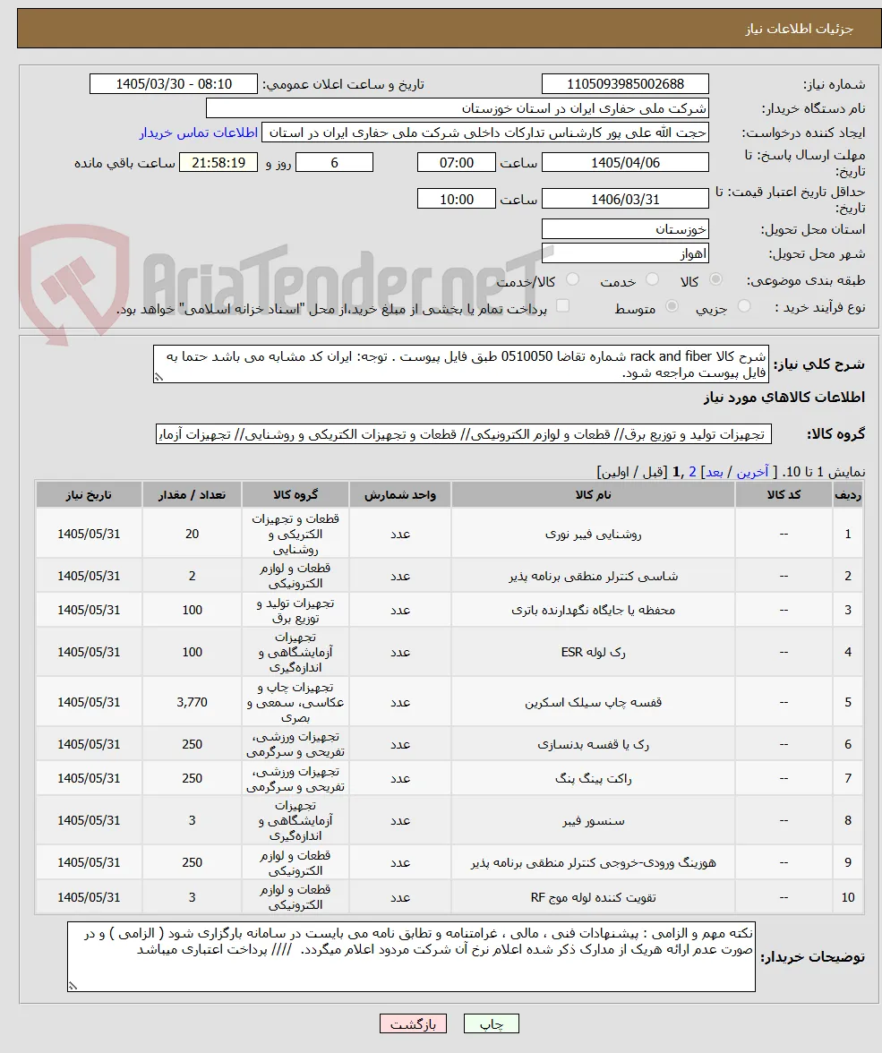 شرح کالا rack and fiber شماره تقاضا 0510050 طبق فایل پیوست . توجه: ایران کد مشابه می باشد حتما به فایل پیوست مراجعه شود.   