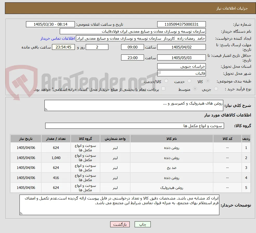 روغن های هیدرولیک و کمپرسور و ...