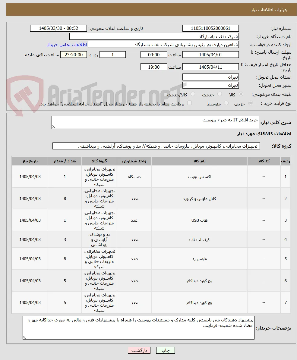 خرید اقلام IT به شرح پیوست 