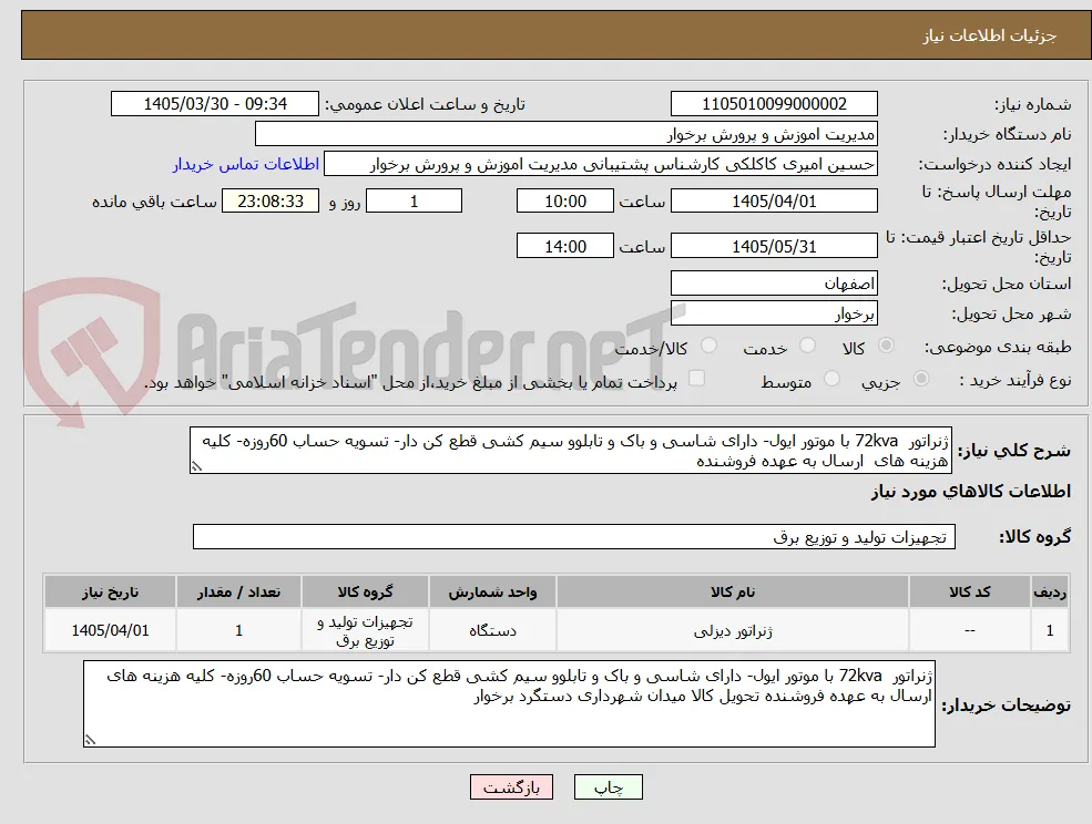 ژنراتور  72kva با موتور ایول- دارای شاسی و باک و تابلوو سیم کشی قطع کن دار- تسویه حساب 60روزه- کلیه هزینه های  ارسال به عهده فروشنده 