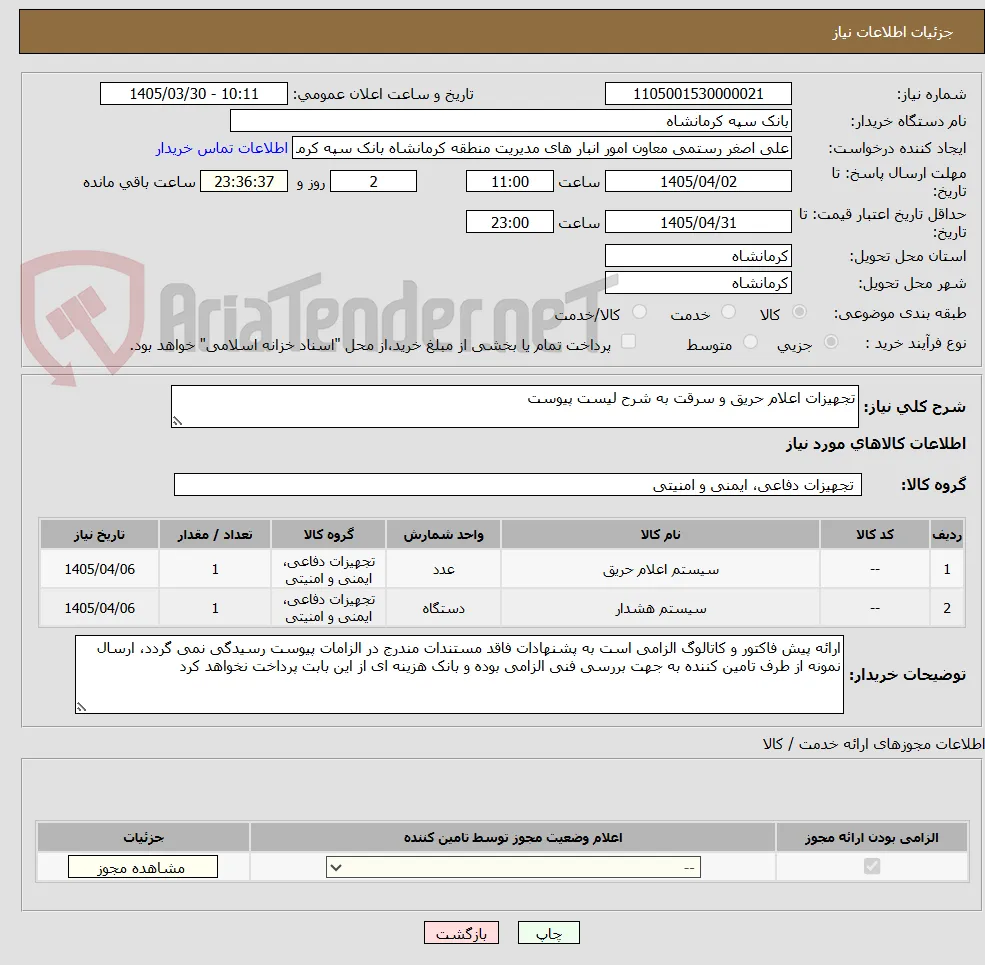 تجهیزات اعلام حریق و سرقت به شرح لیست پیوست