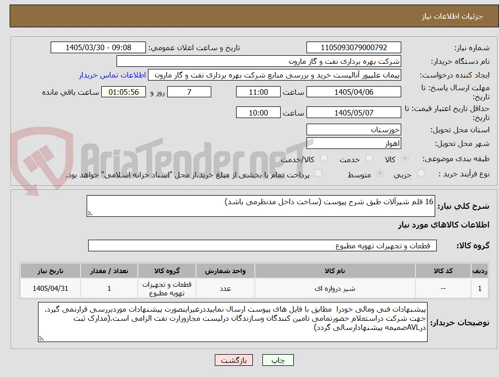 16 قلم شیرآلات طبق شرح پیوست (ساخت داخل مدنظرمی باشد)