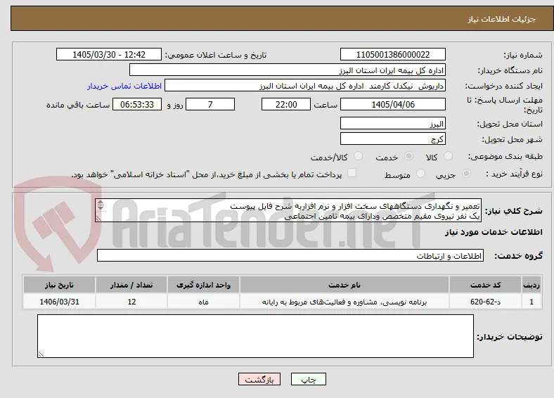 تعمیر و نگهداری دستگاههای سخت افزار و نرم افزاربه شرح فایل پیوست
یک نفر نیروی مقیم متخصص ودارای بیمه تامین اجتماعی
تعداد شعبات4 در استان  البرز