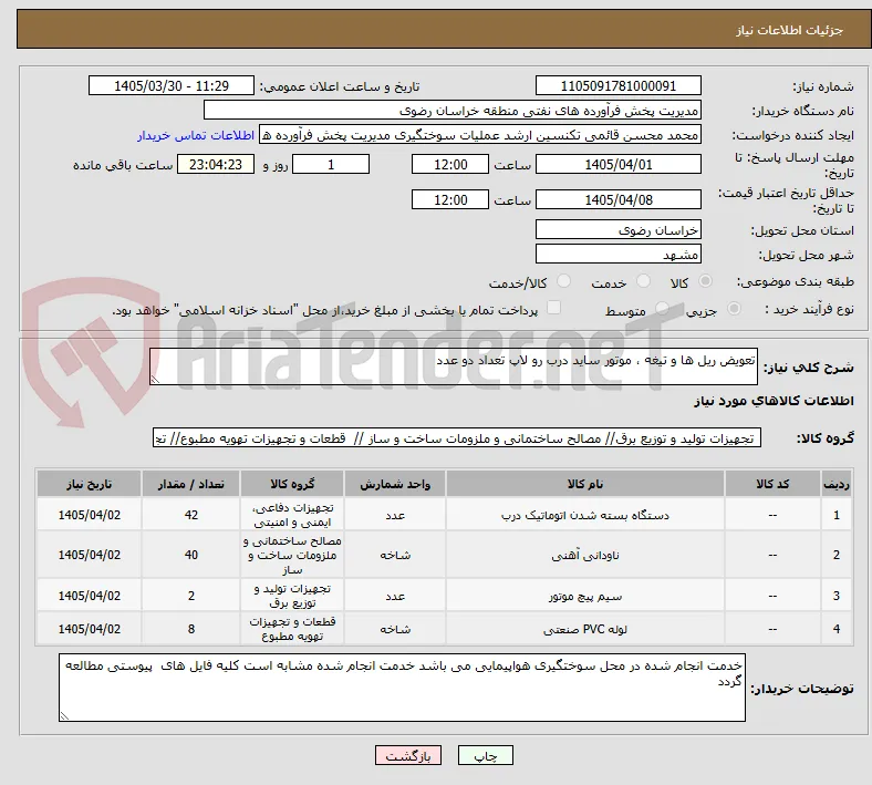 تعویض ریل ها و تیغه ، موتور ساید درب رو لاپ تعداد دو عدد 