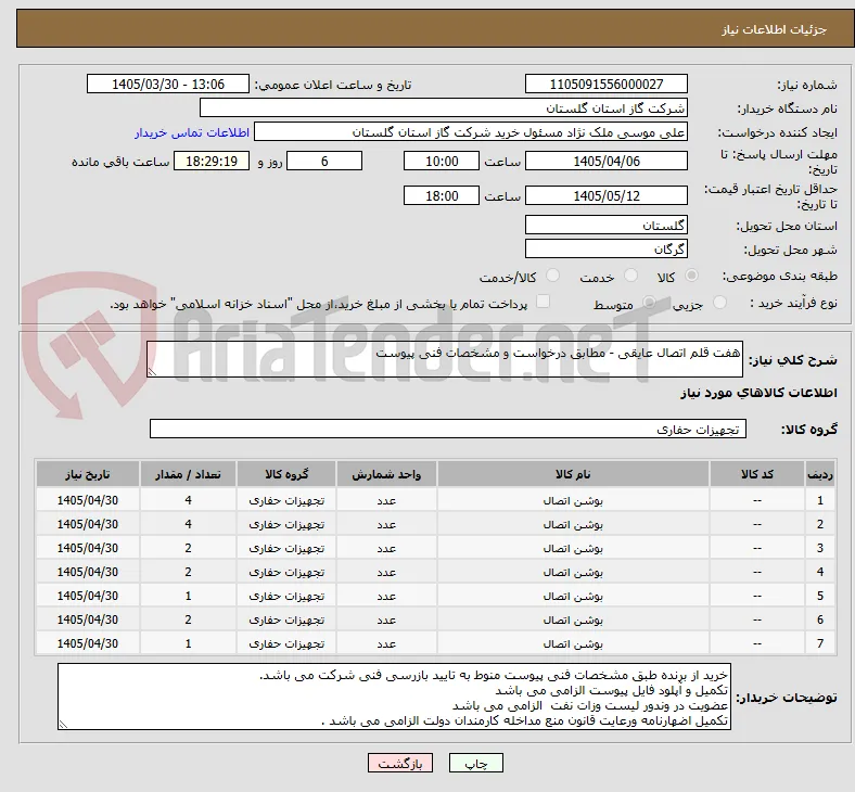 هفت قلم اتصال عایقی - مطابق درخواست و مشخصات فنی پیوست