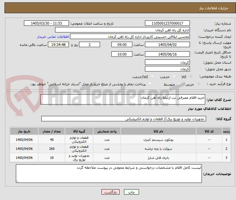 خرید اقلام مصرفی نت ارتباط راه آهن کرمان