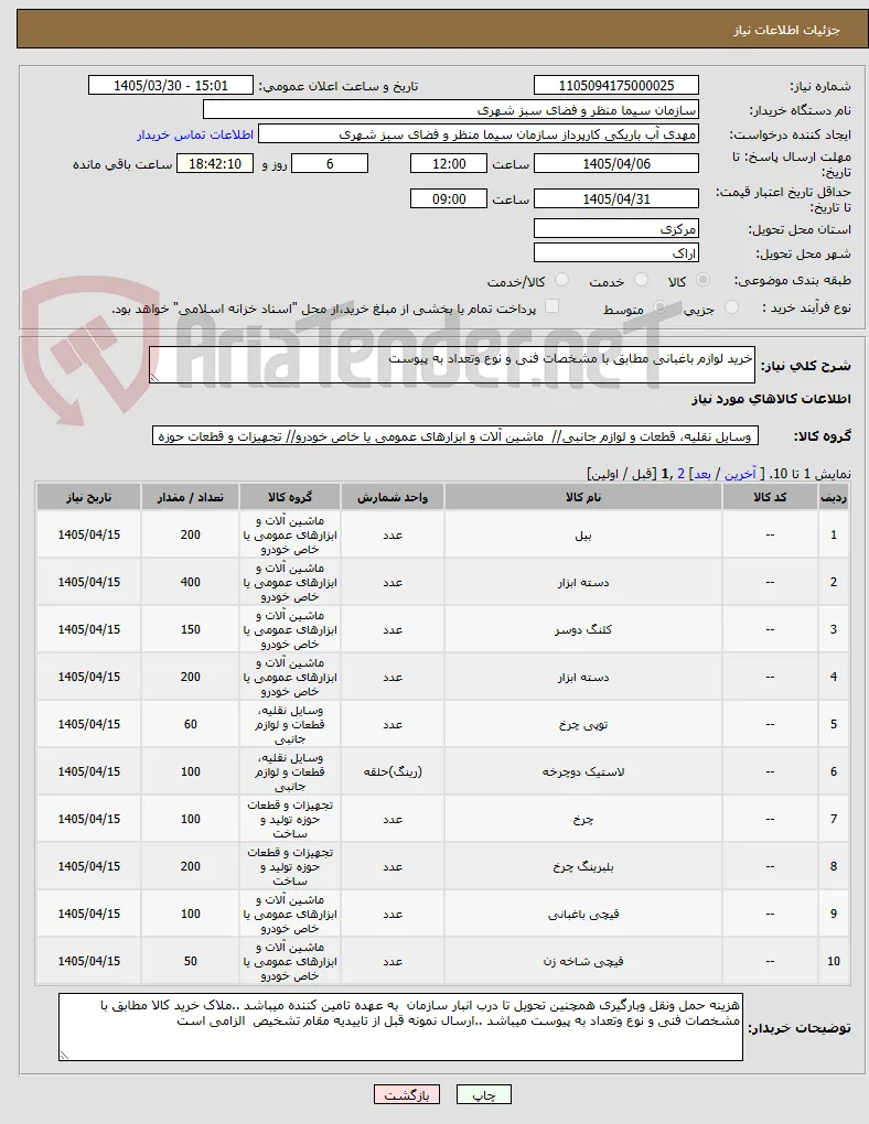 خرید لوازم باغبانی مطابق با مشخصات فنی و نوع وتعداد به پیوست 