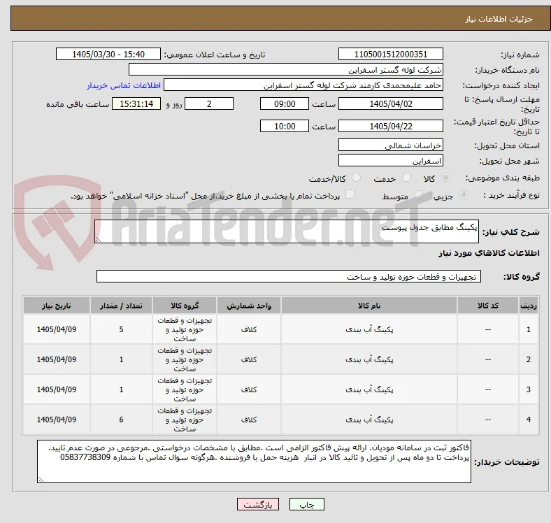 پکینگ مطابق جدول پیوست