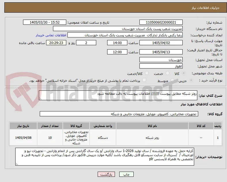 روتر شبکه مطابق پیوست ////// اطلاعات پیوست به دقت مطالعه شود 