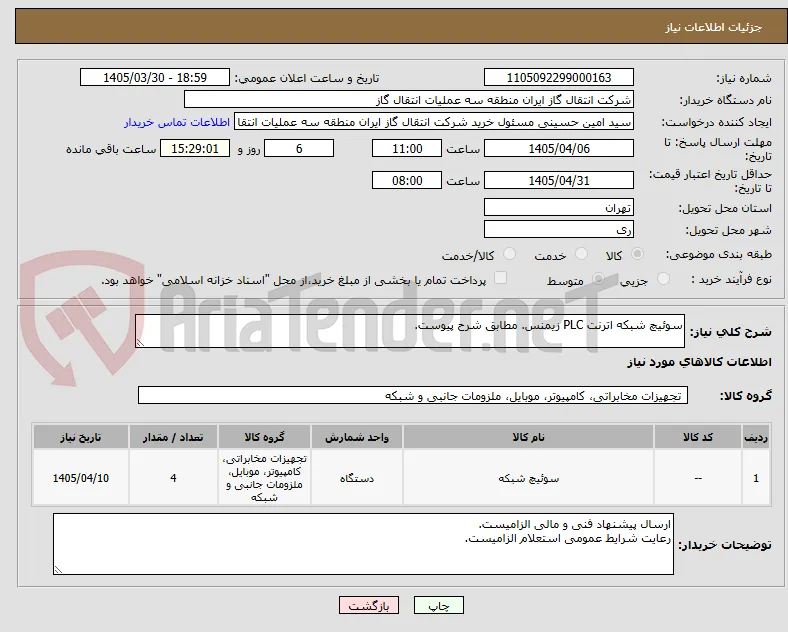 سوئیچ شبکه اترنت PLC زیمنس. مطابق شرح پیوست.