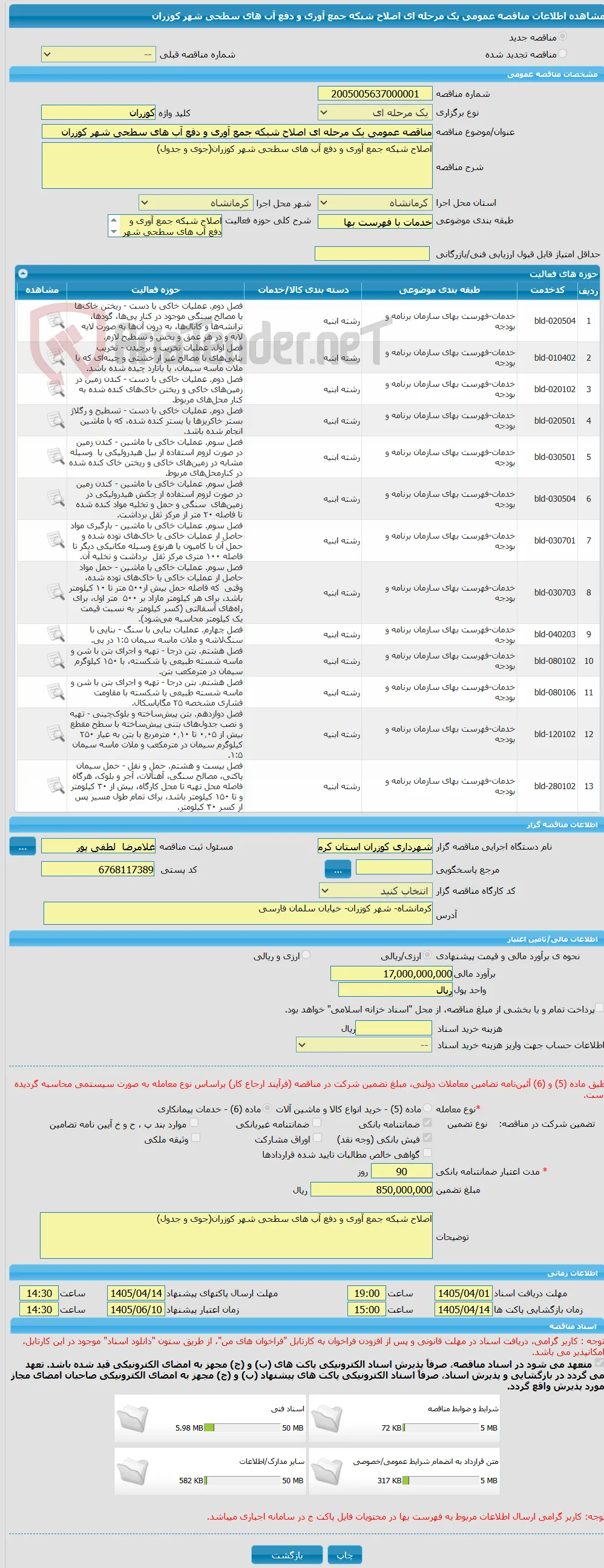 مناقصه عمومی یک مرحله ای اصلاح شبکه جمع آوری و دفع آب های سطحی شهر کوزران