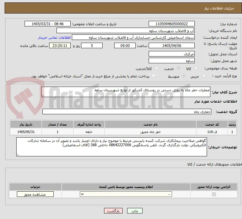 عملیات حفر چاه به روش دستی در روستای کشکور از توابع شهرستان ساوه