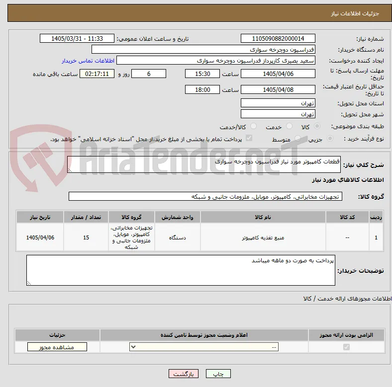قطعات کامپیوتر مورد نیاز فدراسیون دوچرخه سواری
