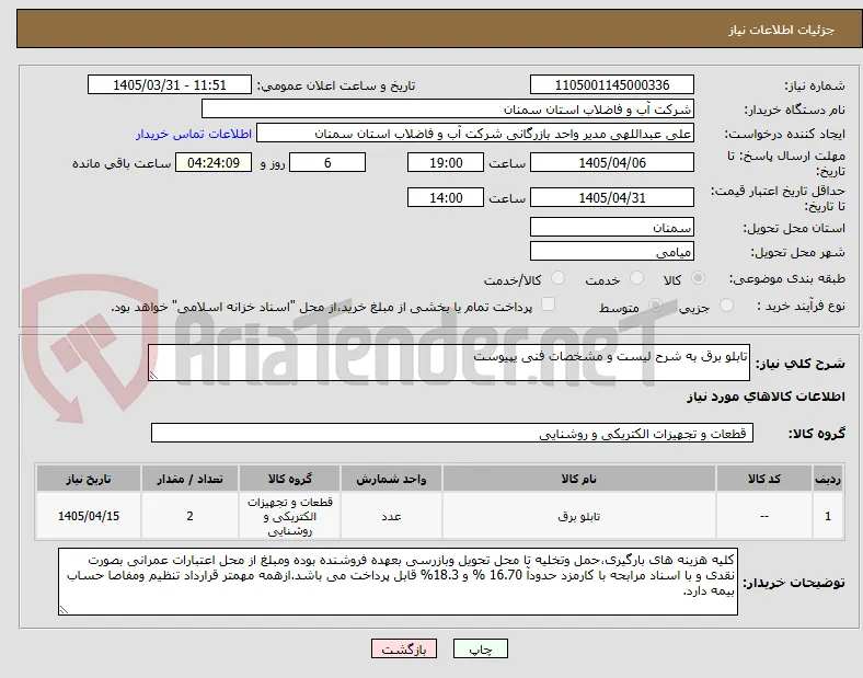 تابلو برق به شرح لیست و مشخصات فنی یپیوست 