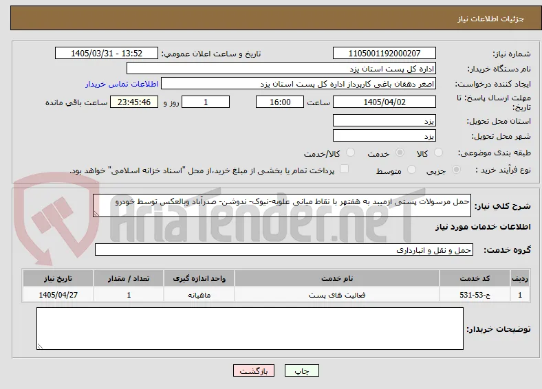 حمل مرسولات پستی ازمیبد به هفتهر با نقاط میانی علویه-نیوک- ندوشن- صدرآباد وبالعکس توسط خودرو