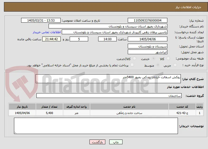 روکش اسفالت خیابان رودکی بمپور 5400متر