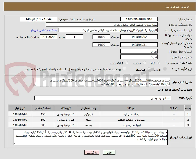 سبزی منجمد-باقالاسبز150کیلوگرم--سبزی کوکو -وپلو 450کیلو-سبزی جعفری 100کیلوگرم بسبزی آش150کیلوسبزی اسفناج100کیلو لوبیا سبز 500کیلوگرم