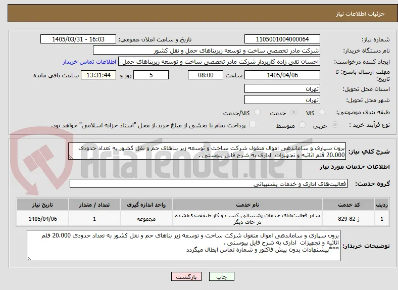 برون سپاری و ساماندهی اموال منقول شرکت ساخت و توسعه زیر بناهای حم و نقل کشور به تعداد حدودی 20.000 قلم اثاثیه و تجهیزات  اداری به شرح فایل پیوستی .