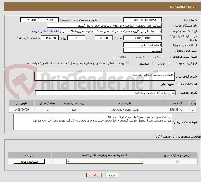 جابجایی تاسیسات برقی شبستر