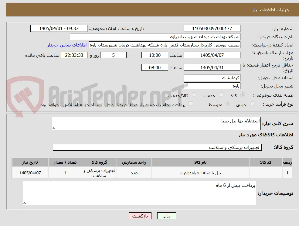 استعلام بها نیل تیبیا