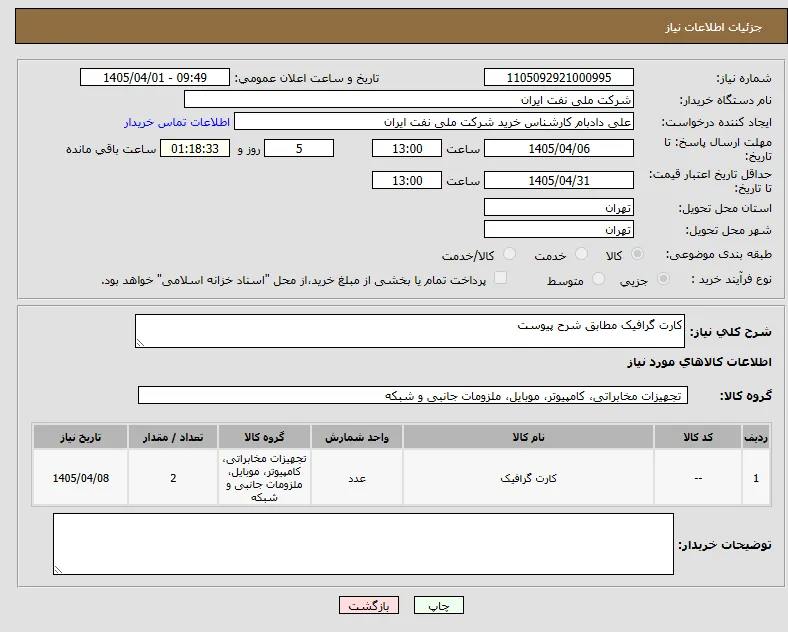 کارت گرافیک مطابق شرح پیوست