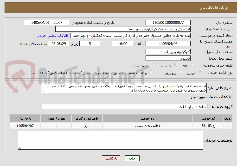 اداره پست نیاز به یک نفر نیرو با ماشین مسقف  جهت توزیع مرسولات پستی  بصورت حجمی  دانه شمار  در  شهر یاسوج ت طبق فایل پیوست تا پایان سال دارد 