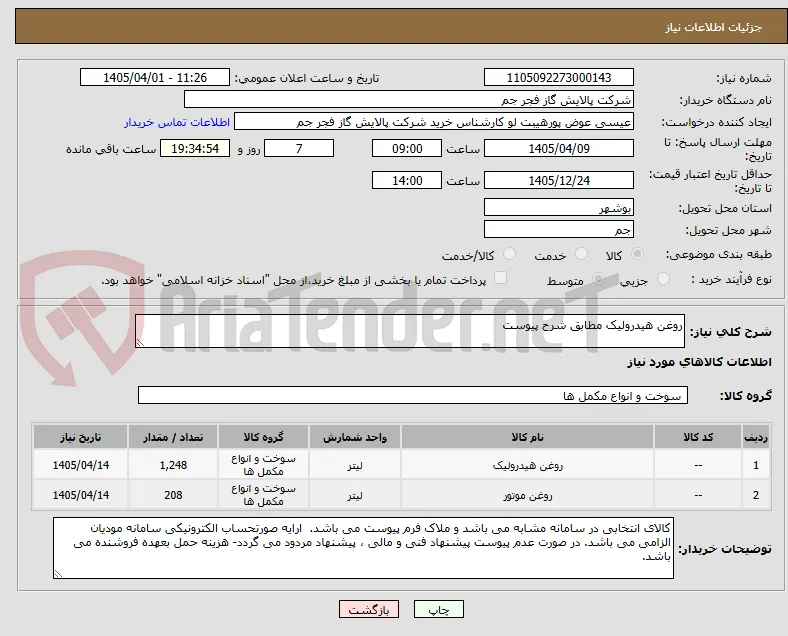 روغن هیدرولیک مطابق شرح پیوست