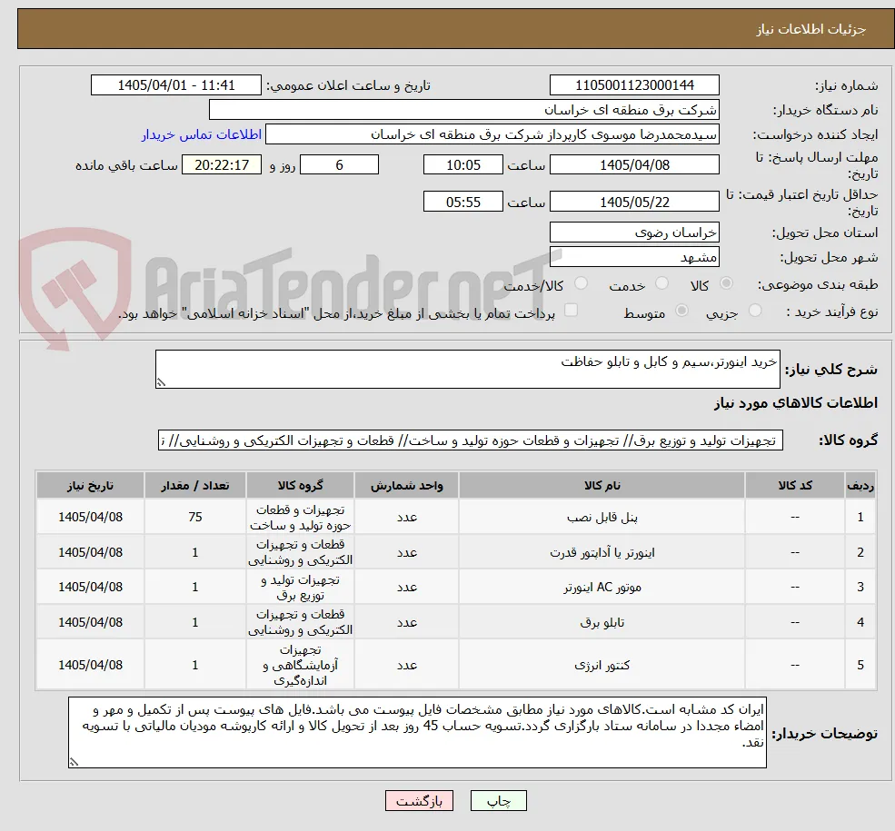 خرید اینورتر،سیم و کابل و تابلو حفاظت