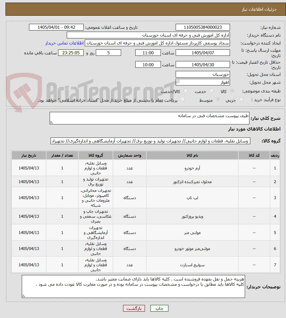 طبف پیوست مشخصات فنی در سامانه