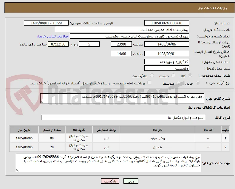 روغن بهران اکستراتوربودیزل15w40 (80لیتر) وضدیخ(20لیتر)09171485688خرسندی
