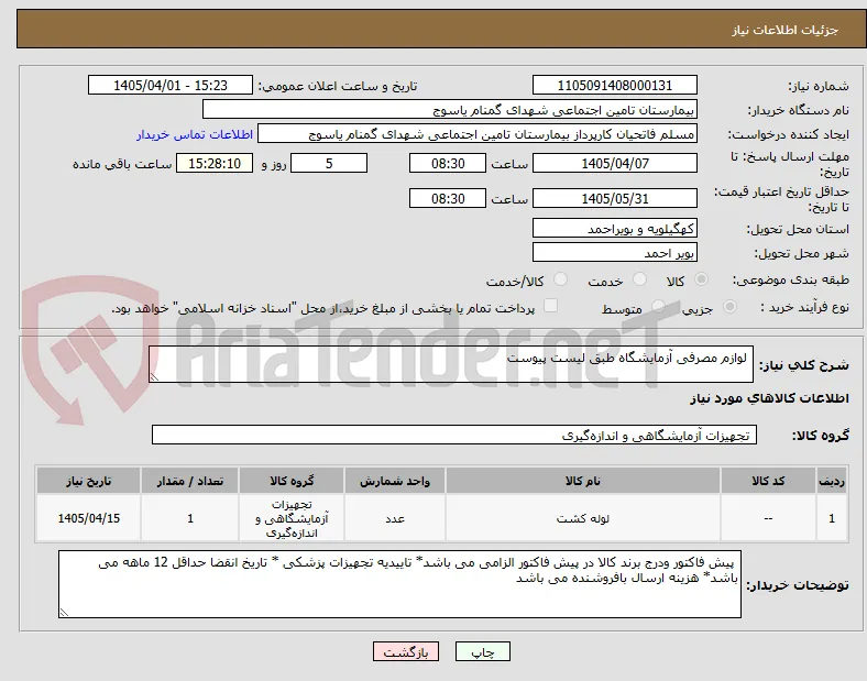  لوازم مصرفی آزمایشگاه طبق لیست پیوست 